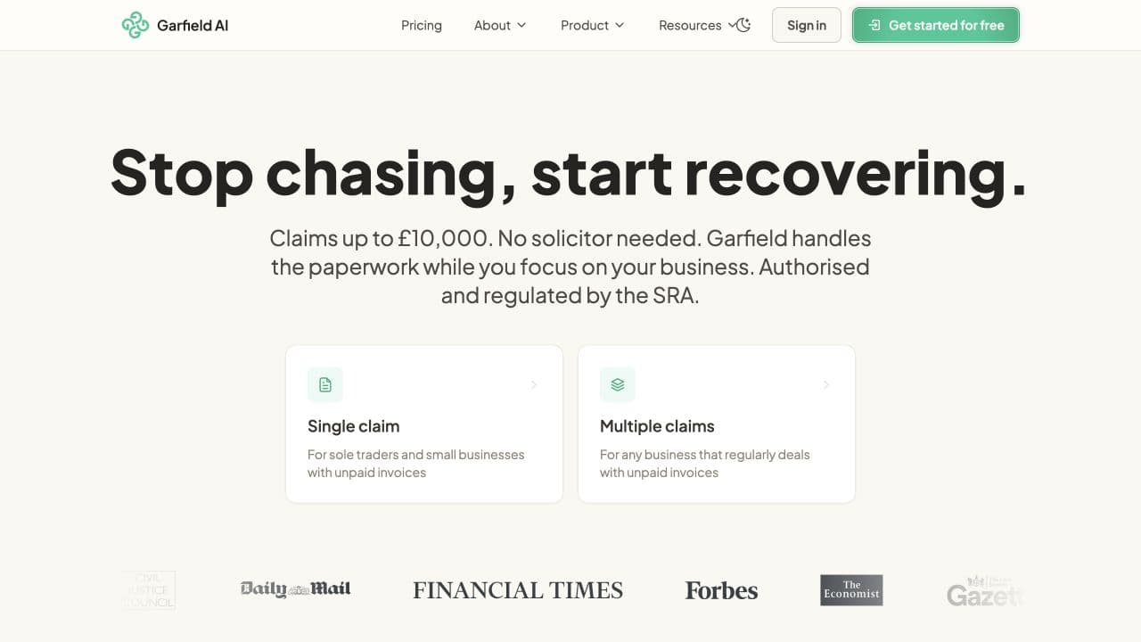 Garfield AI website homepage screenshot