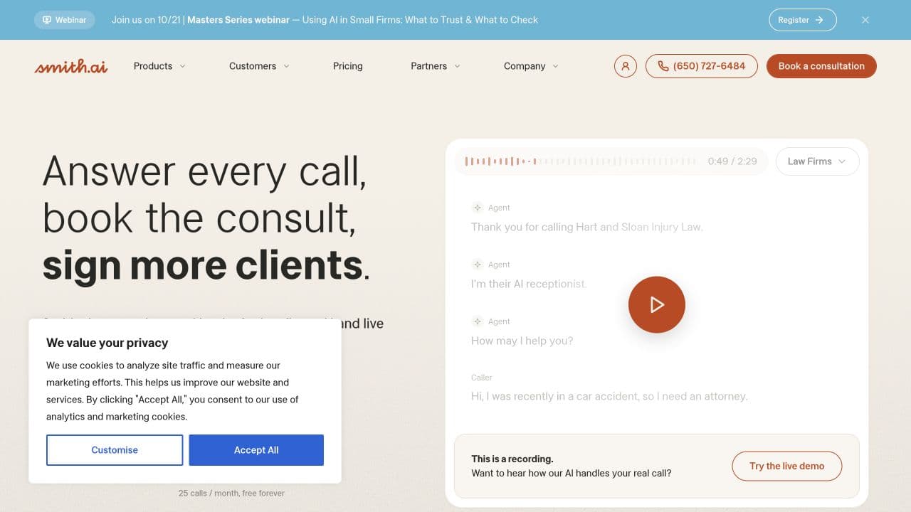 Smith.ai website homepage screenshot